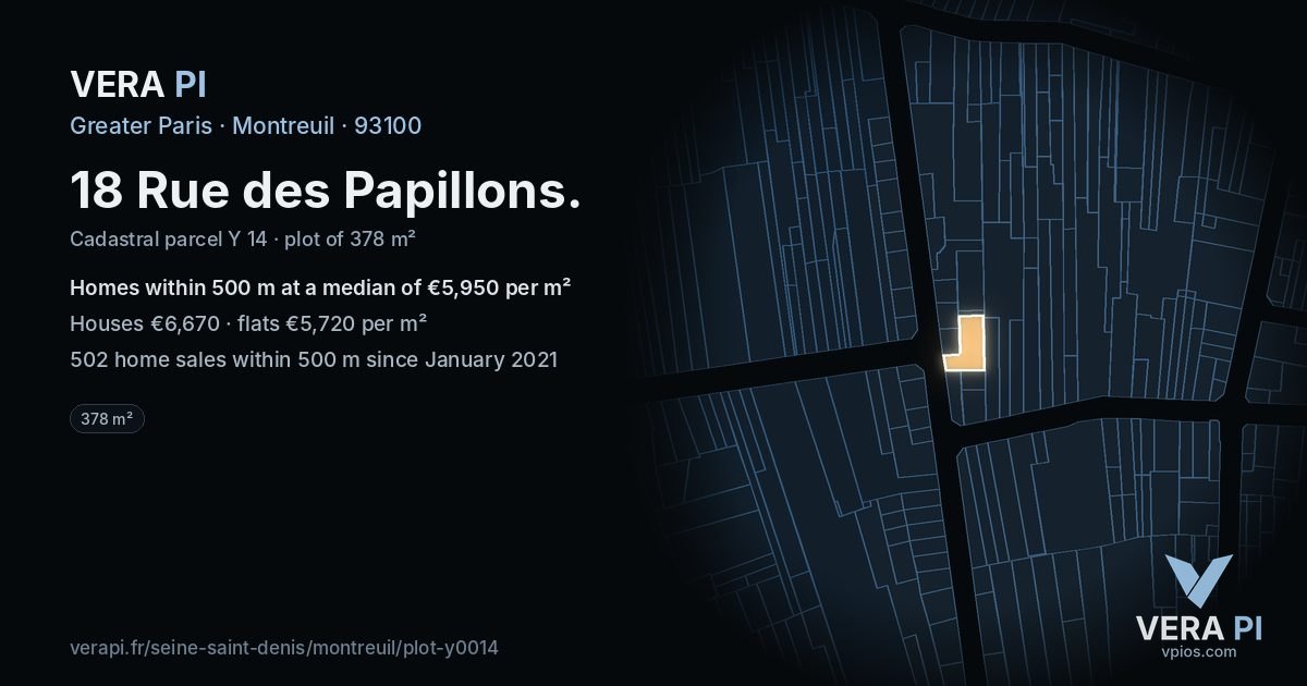 18 Rue des Papillons, Montreuil at night – the plot lit, the parcels around coloured by the prices near them