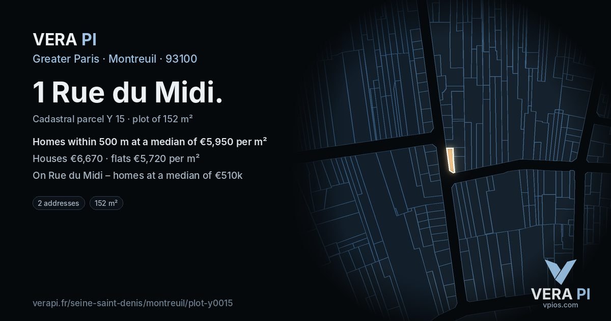 1 Rue du Midi, Montreuil at night – the plot lit, the parcels around coloured by the prices near them