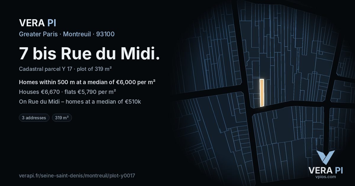 7 bis Rue du Midi, Montreuil at night – the plot lit, the parcels around coloured by the prices near them