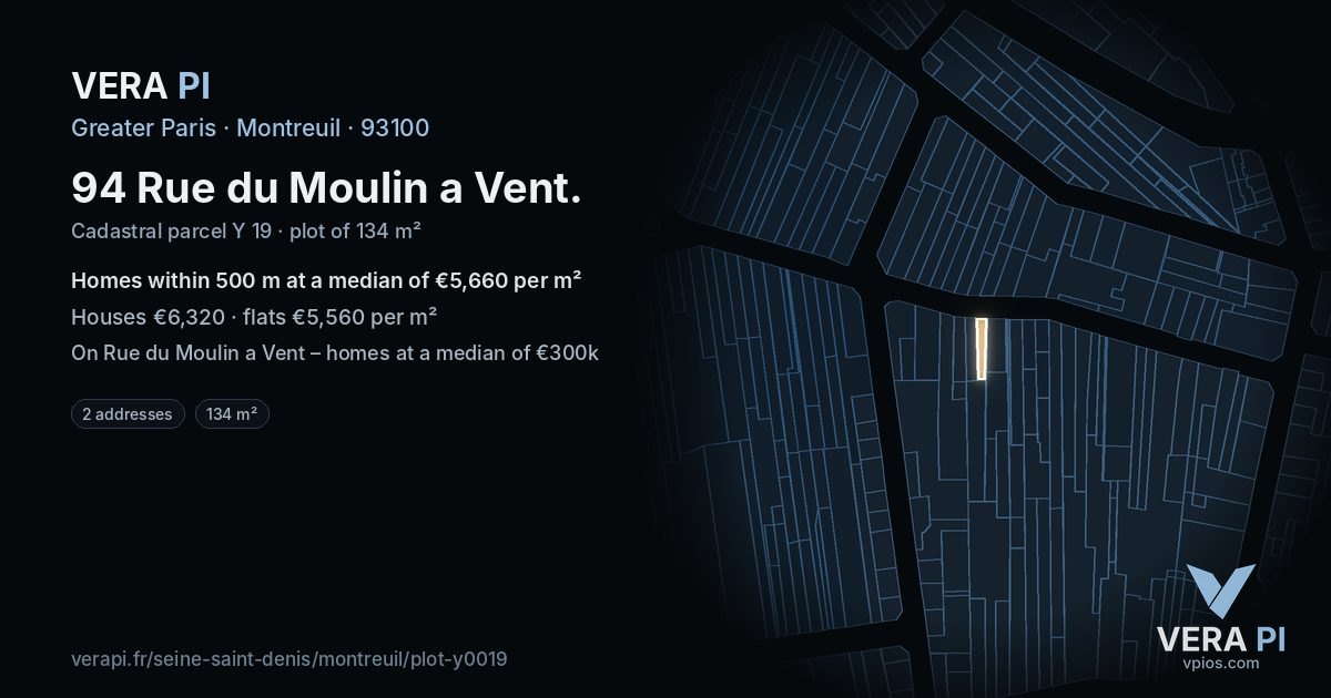 94 Rue du Moulin a Vent, Montreuil at night – the plot lit, the parcels around coloured by the prices near them