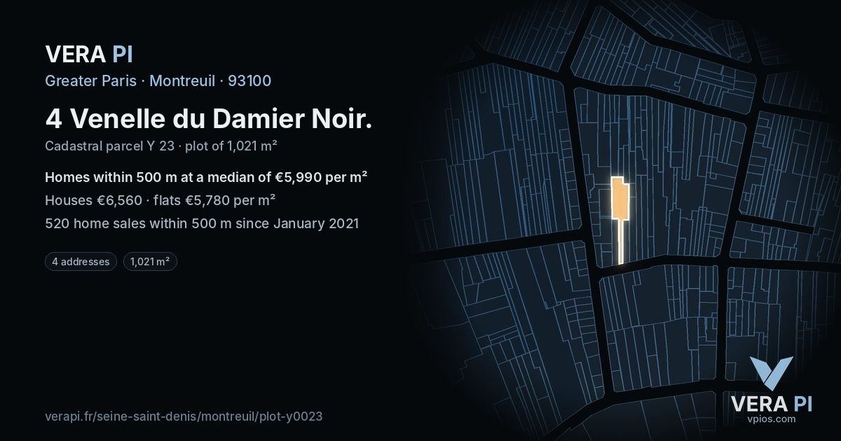 4 Venelle du Damier Noir, Montreuil at night – the plot lit, the parcels around coloured by the prices near them