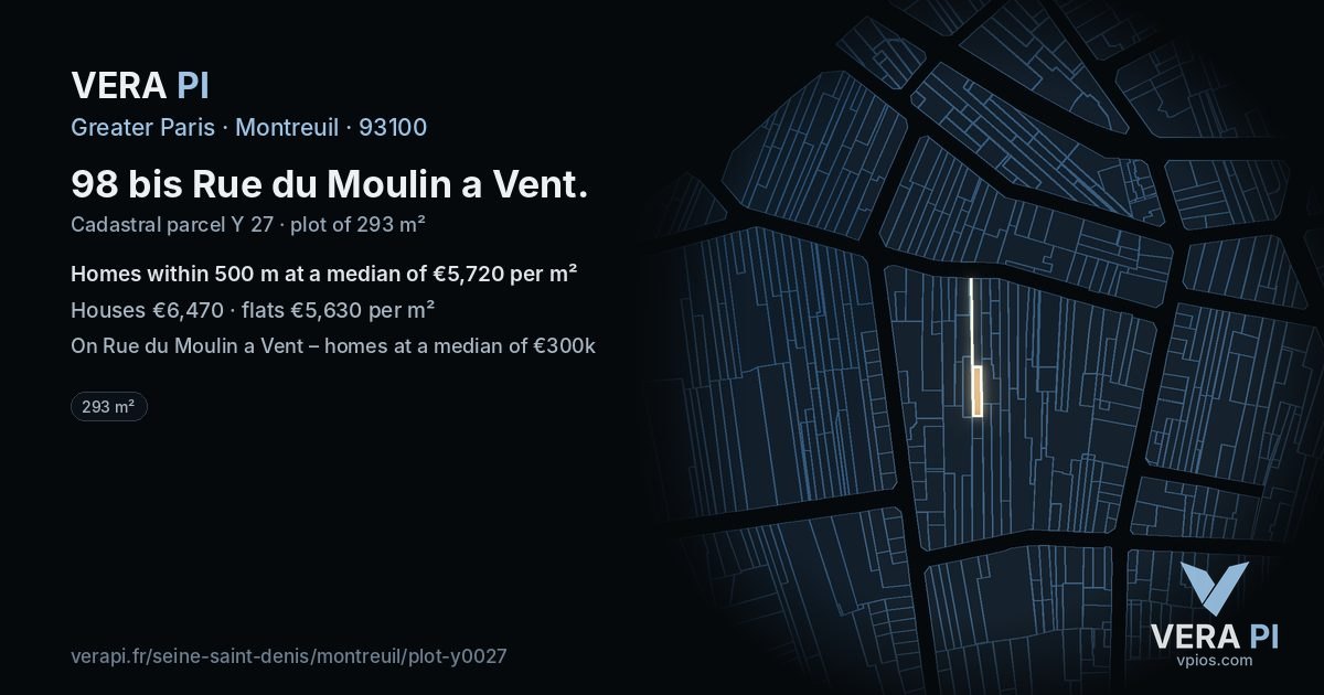 98 bis Rue du Moulin a Vent, Montreuil at night – the plot lit, the parcels around coloured by the prices near them