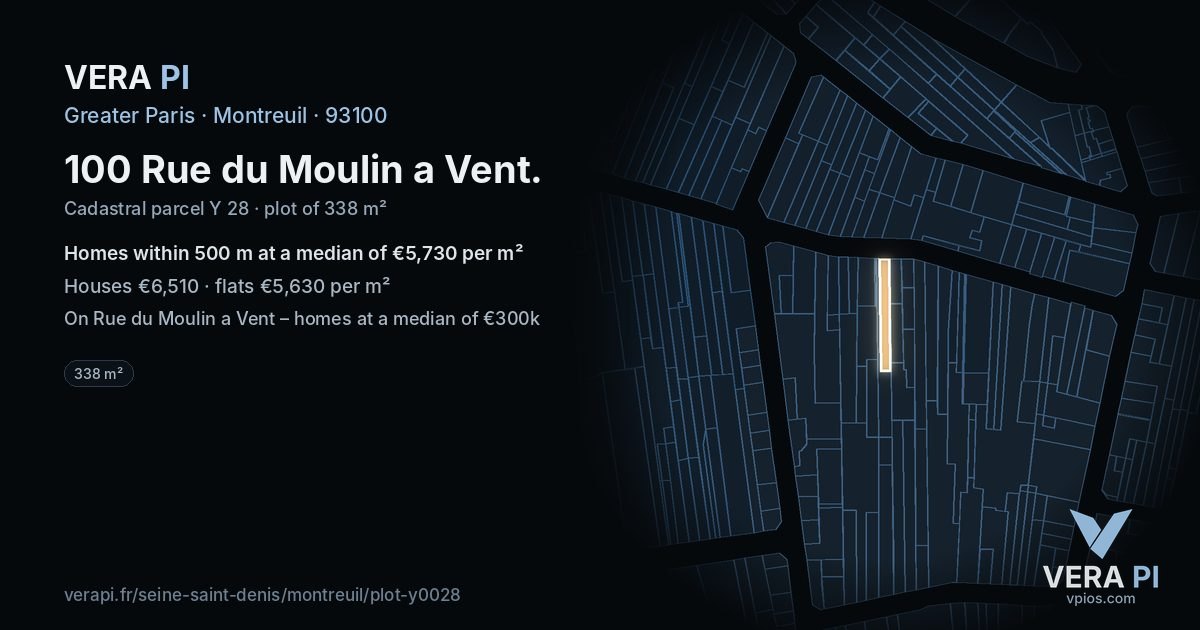 100 Rue du Moulin a Vent, Montreuil at night – the plot lit, the parcels around coloured by the prices near them
