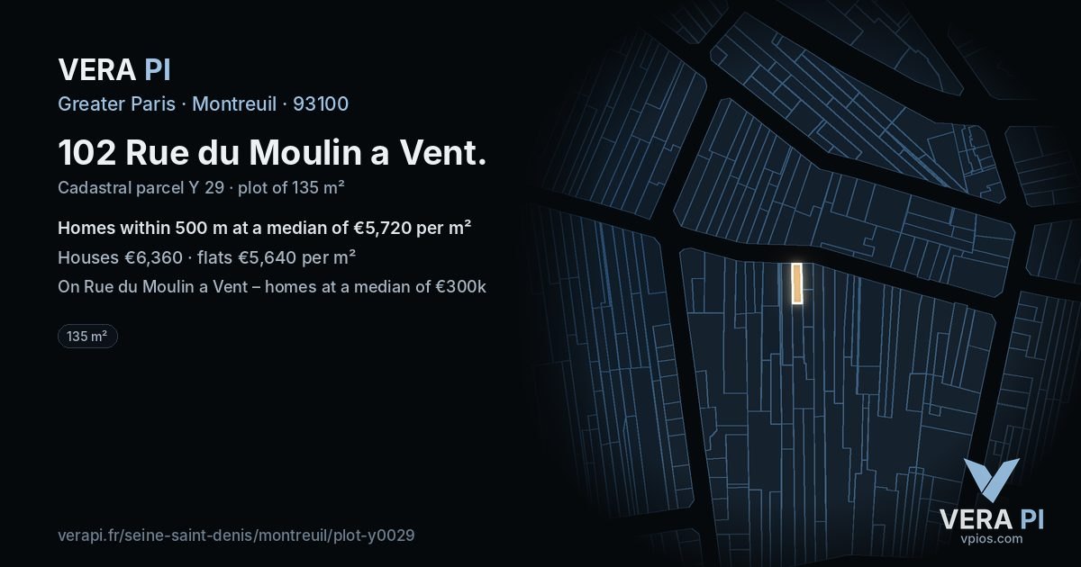 102 Rue du Moulin a Vent, Montreuil at night – the plot lit, the parcels around coloured by the prices near them
