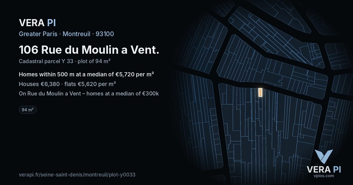 106 Rue du Moulin a Vent, Montreuil at night – the plot lit, the parcels around coloured by the prices near them