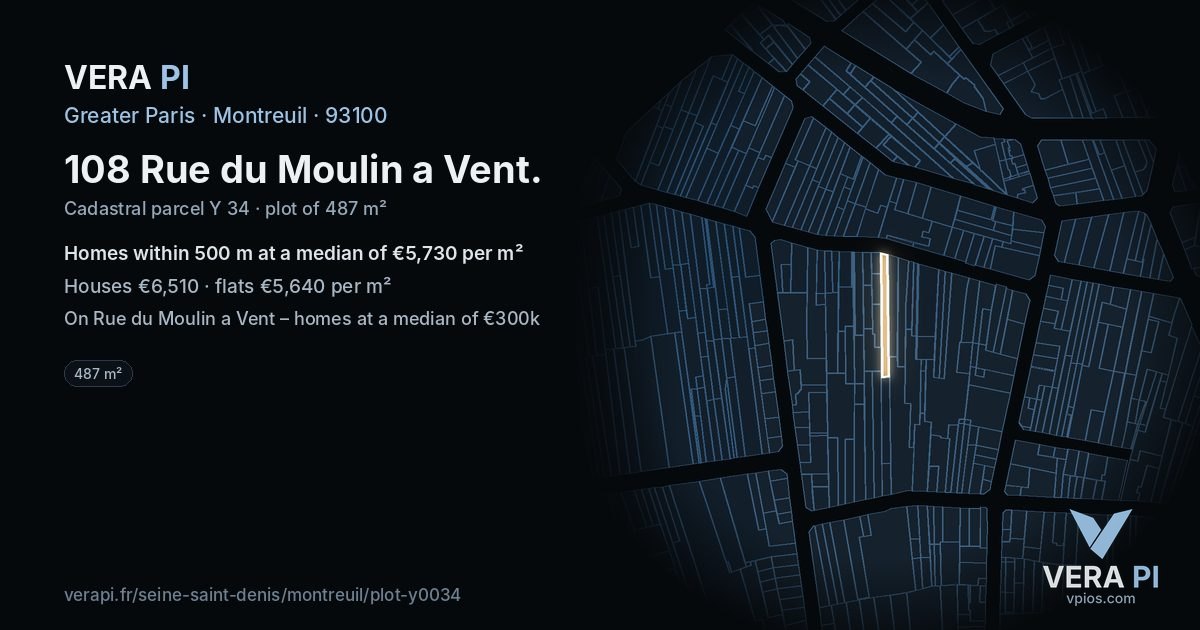 108 Rue du Moulin a Vent, Montreuil at night – the plot lit, the parcels around coloured by the prices near them