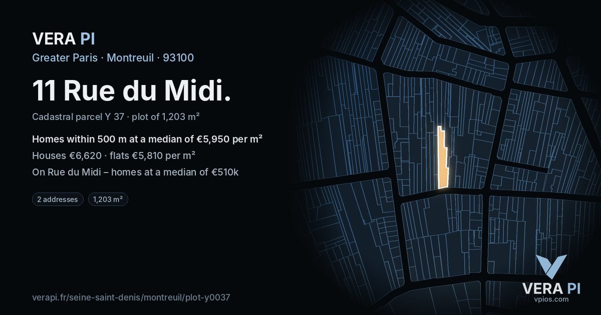 11 Rue du Midi, Montreuil at night – the plot lit, the parcels around coloured by the prices near them