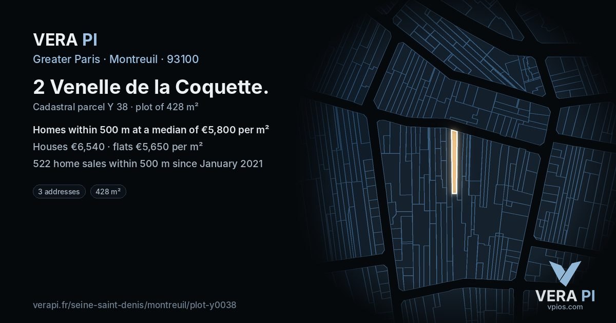 2 Venelle de la Coquette, Montreuil at night – the plot lit, the parcels around coloured by the prices near them