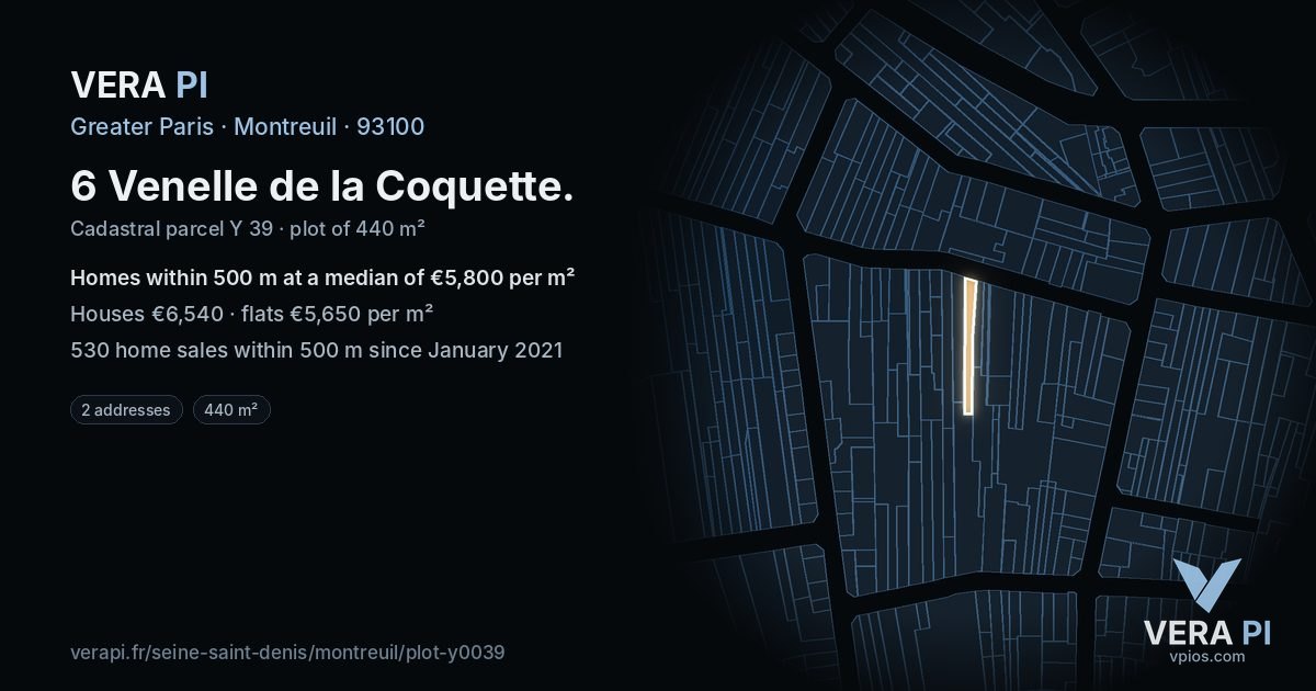6 Venelle de la Coquette, Montreuil at night – the plot lit, the parcels around coloured by the prices near them