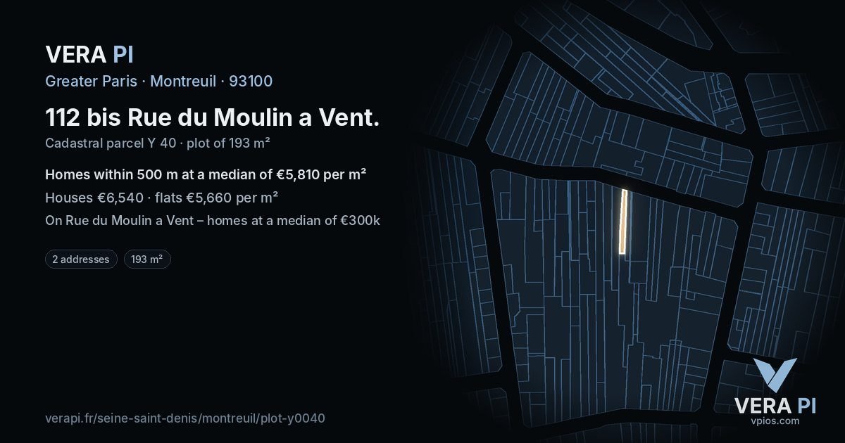112 bis Rue du Moulin a Vent, Montreuil at night – the plot lit, the parcels around coloured by the prices near them