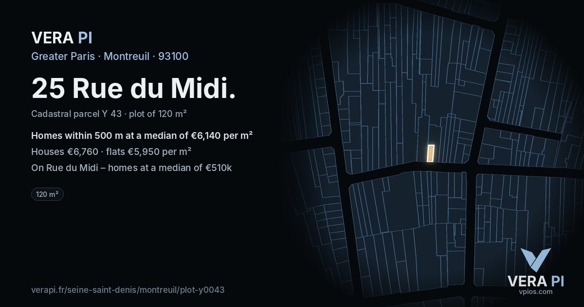 25 Rue du Midi, Montreuil at night – the plot lit, the parcels around coloured by the prices near them