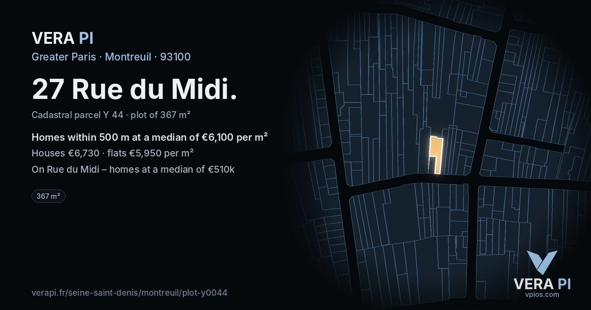 27 Rue du Midi, Montreuil at night – the plot lit, the parcels around coloured by the prices near them