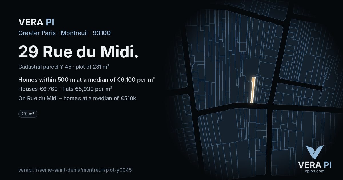 29 Rue du Midi, Montreuil at night – the plot lit, the parcels around coloured by the prices near them