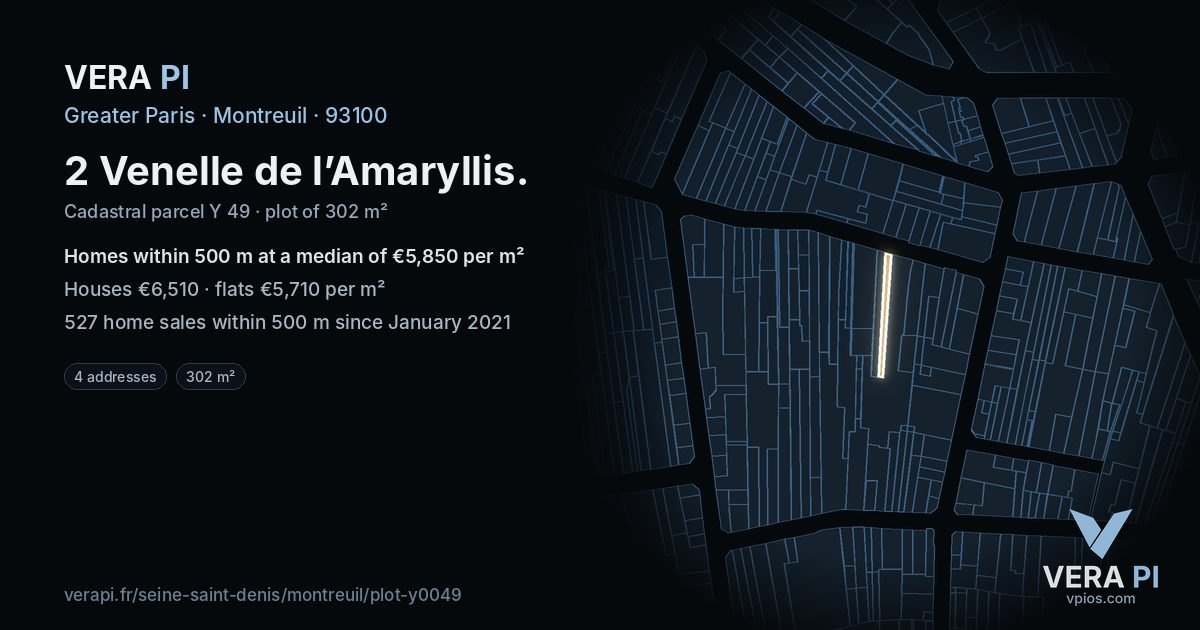 2 Venelle de l’Amaryllis, Montreuil at night – the plot lit, the parcels around coloured by the prices near them