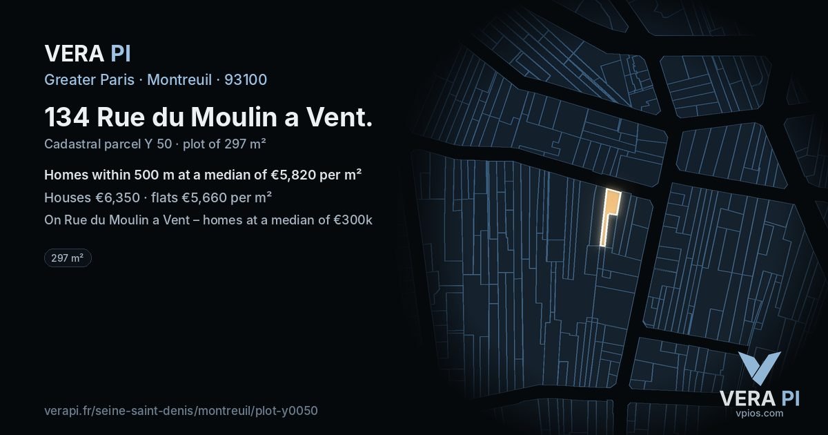 134 Rue du Moulin a Vent, Montreuil at night – the plot lit, the parcels around coloured by the prices near them