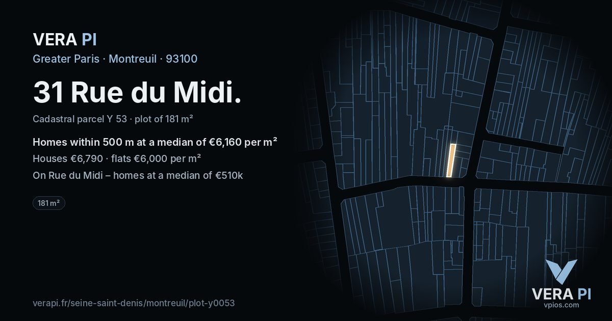 31 Rue du Midi, Montreuil at night – the plot lit, the parcels around coloured by the prices near them