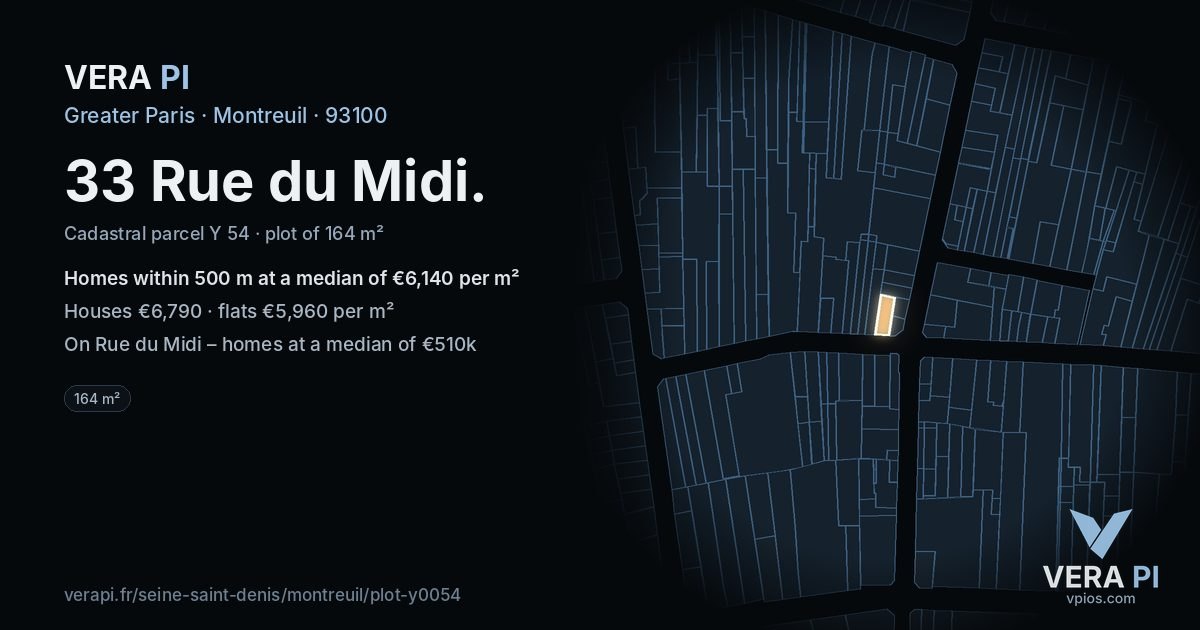 33 Rue du Midi, Montreuil at night – the plot lit, the parcels around coloured by the prices near them