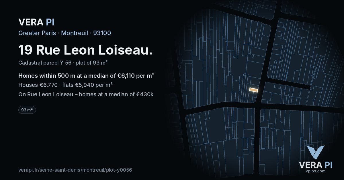 19 Rue Leon Loiseau, Montreuil at night – the plot lit, the parcels around coloured by the prices near them