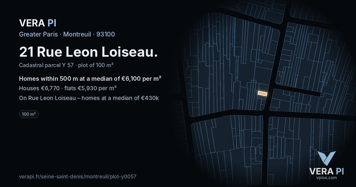 21 Rue Leon Loiseau, Montreuil at night – the plot lit, the parcels around coloured by the prices near them