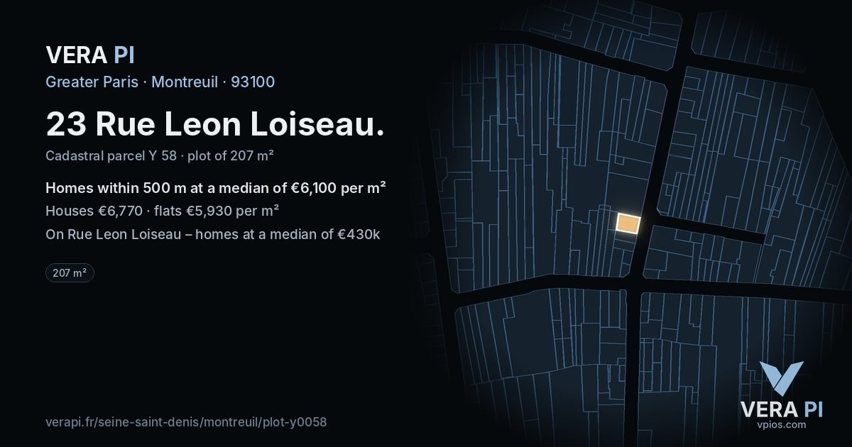 23 Rue Leon Loiseau, Montreuil at night – the plot lit, the parcels around coloured by the prices near them