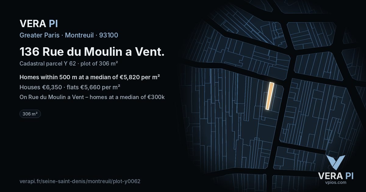 136 Rue du Moulin a Vent, Montreuil at night – the plot lit, the parcels around coloured by the prices near them