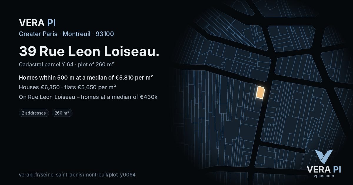 39 Rue Leon Loiseau, Montreuil at night – the plot lit, the parcels around coloured by the prices near them