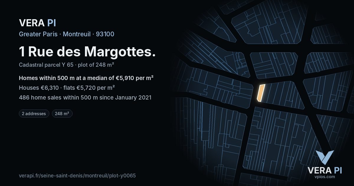 1 Rue des Margottes, Montreuil at night – the plot lit, the parcels around coloured by the prices near them