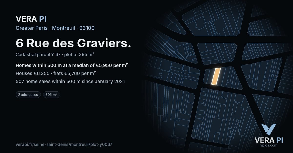 6 Rue des Graviers, Montreuil at night – the plot lit, the parcels around coloured by the prices near them
