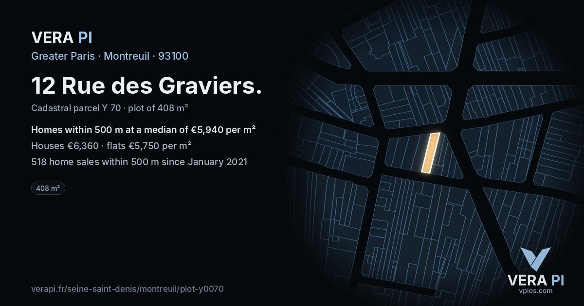 12 Rue des Graviers, Montreuil at night – the plot lit, the parcels around coloured by the prices near them