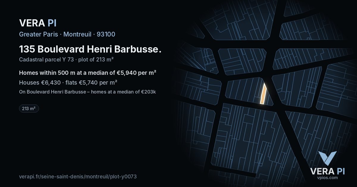 135 Boulevard Henri Barbusse, Montreuil at night – the plot lit, the parcels around coloured by the prices near them