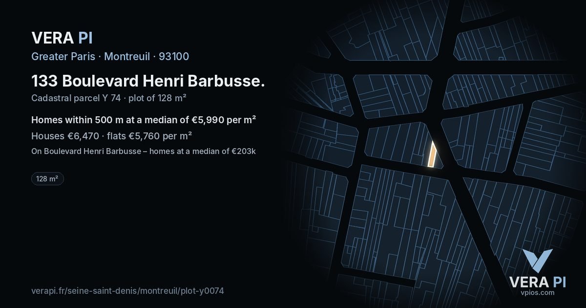 133 Boulevard Henri Barbusse, Montreuil at night – the plot lit, the parcels around coloured by the prices near them