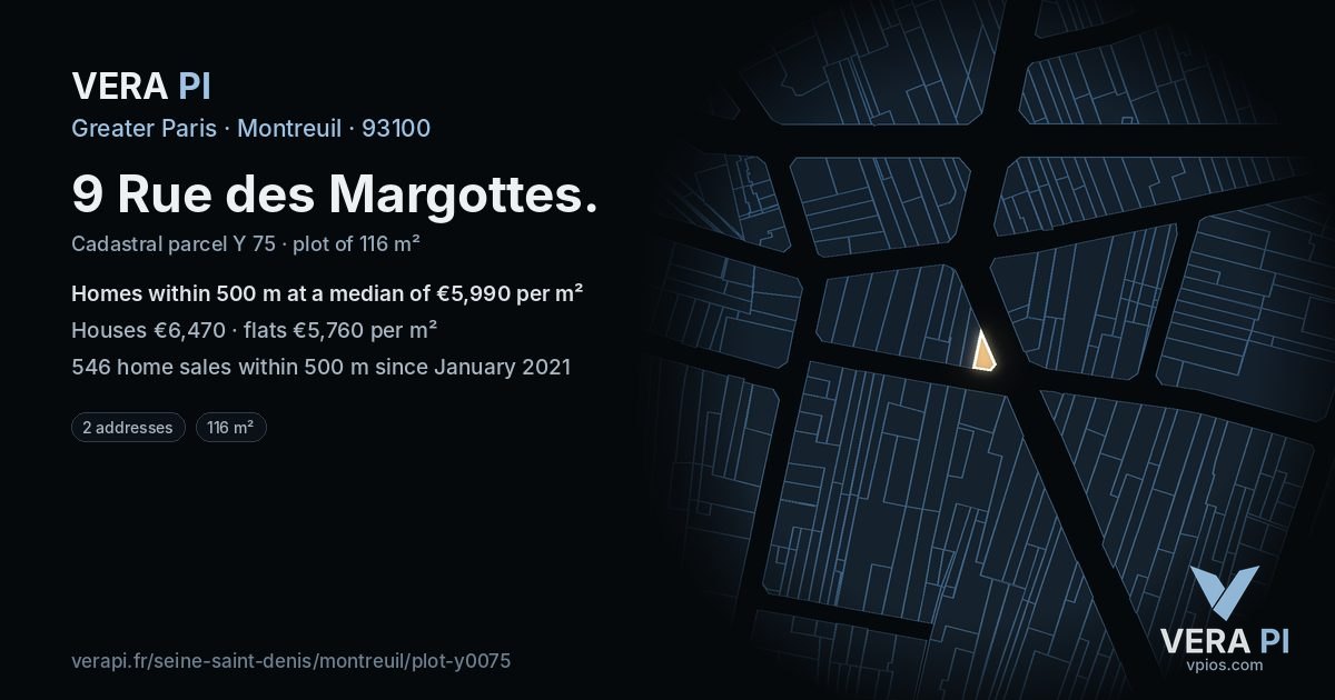 9 Rue des Margottes, Montreuil at night – the plot lit, the parcels around coloured by the prices near them