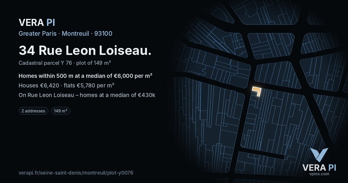 34 Rue Leon Loiseau, Montreuil at night – the plot lit, the parcels around coloured by the prices near them