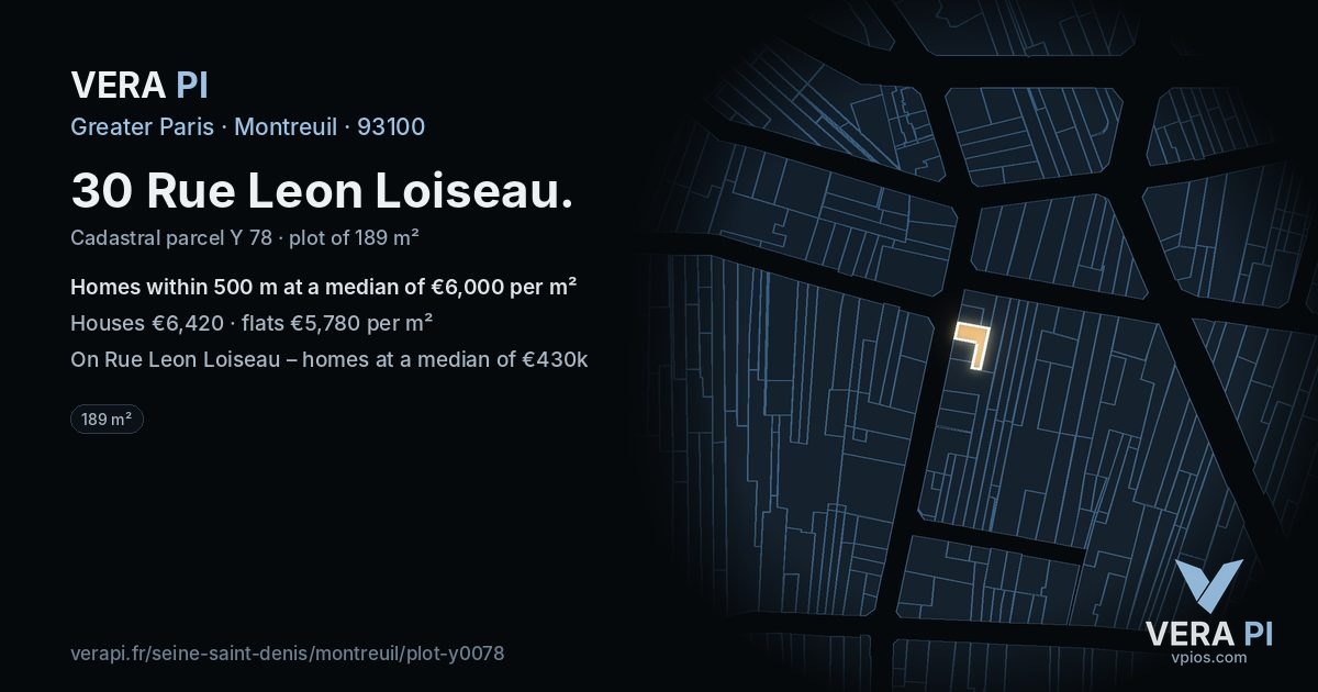 30 Rue Leon Loiseau, Montreuil at night – the plot lit, the parcels around coloured by the prices near them