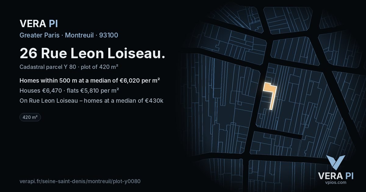 26 Rue Leon Loiseau, Montreuil at night – the plot lit, the parcels around coloured by the prices near them