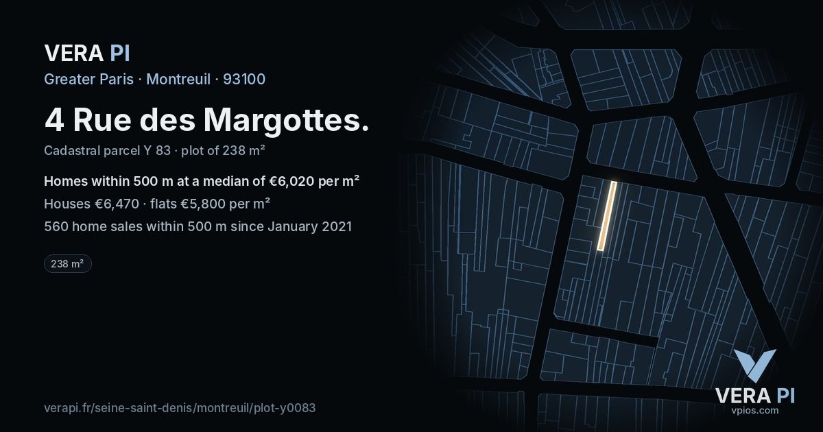 4 Rue des Margottes, Montreuil at night – the plot lit, the parcels around coloured by the prices near them