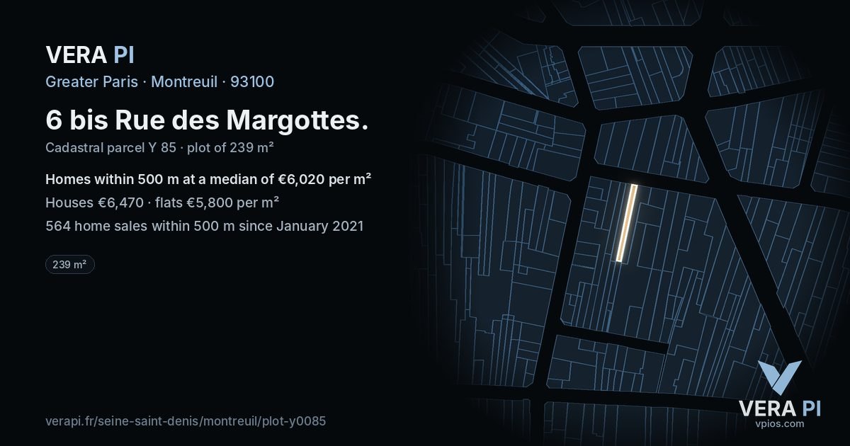 6 bis Rue des Margottes, Montreuil at night – the plot lit, the parcels around coloured by the prices near them