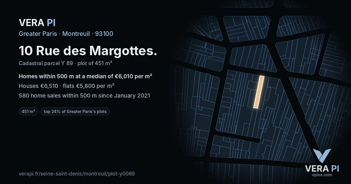 10 Rue des Margottes, Montreuil at night – the plot lit, the parcels around coloured by the prices near them