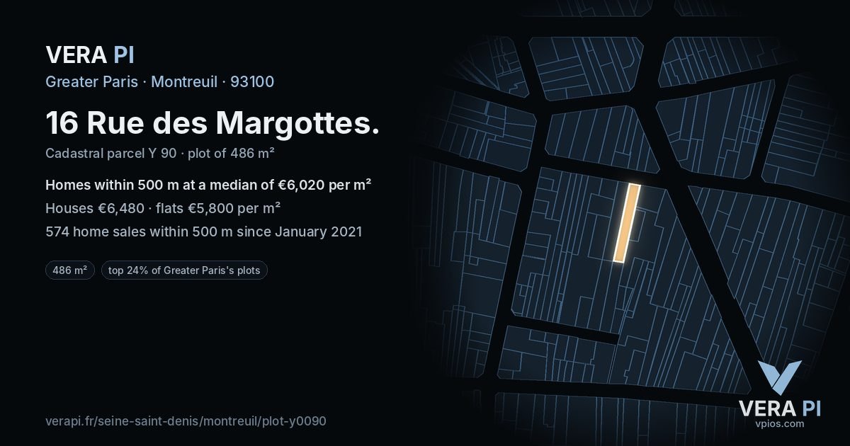 16 Rue des Margottes, Montreuil at night – the plot lit, the parcels around coloured by the prices near them