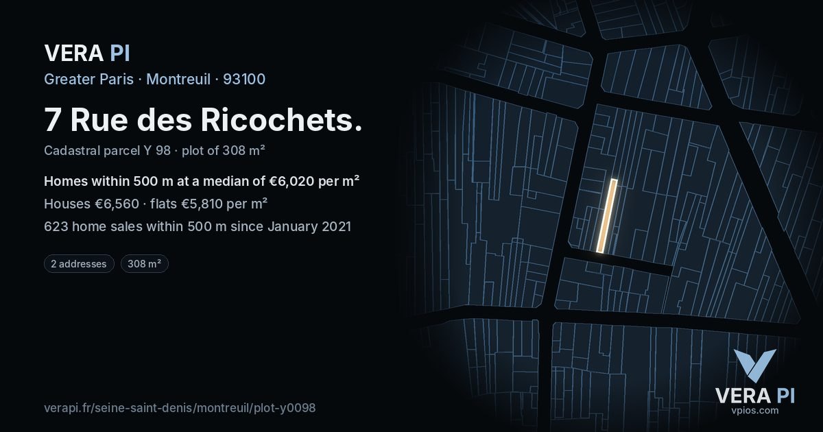 7 Rue des Ricochets, Montreuil at night – the plot lit, the parcels around coloured by the prices near them