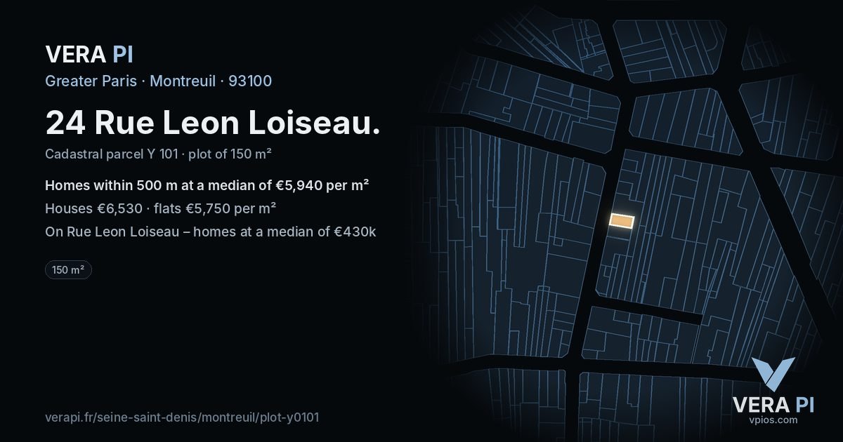 24 Rue Leon Loiseau, Montreuil at night – the plot lit, the parcels around coloured by the prices near them