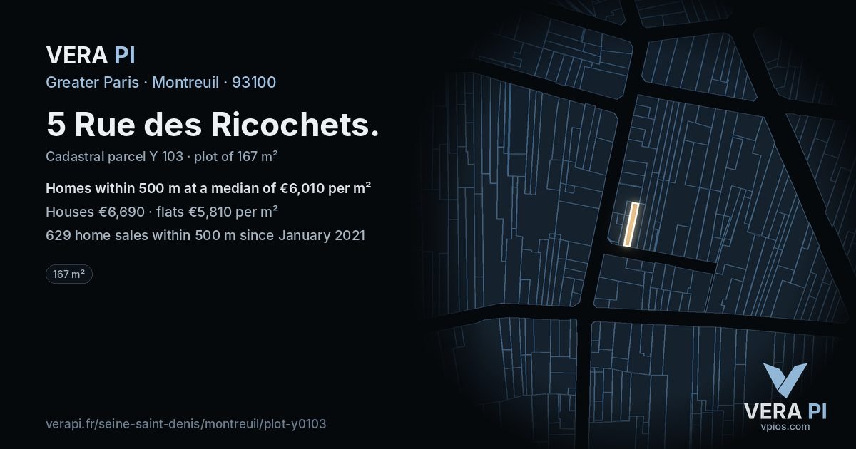 5 Rue des Ricochets, Montreuil at night – the plot lit, the parcels around coloured by the prices near them