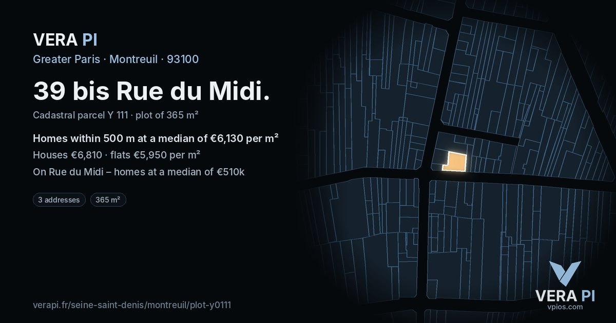 39 bis Rue du Midi, Montreuil at night – the plot lit, the parcels around coloured by the prices near them