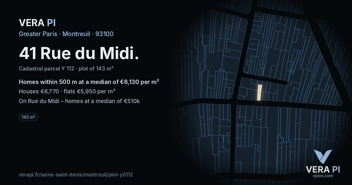 41 Rue du Midi, Montreuil at night – the plot lit, the parcels around coloured by the prices near them