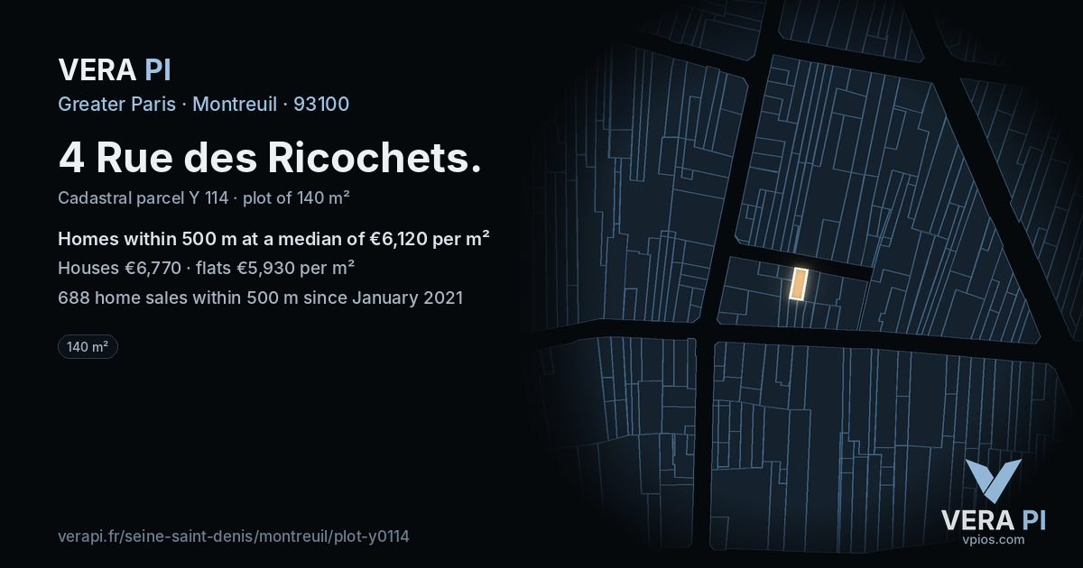 4 Rue des Ricochets, Montreuil at night – the plot lit, the parcels around coloured by the prices near them