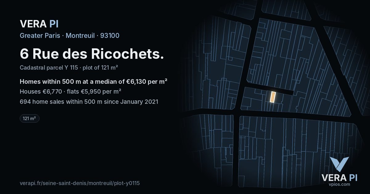 6 Rue des Ricochets, Montreuil at night – the plot lit, the parcels around coloured by the prices near them