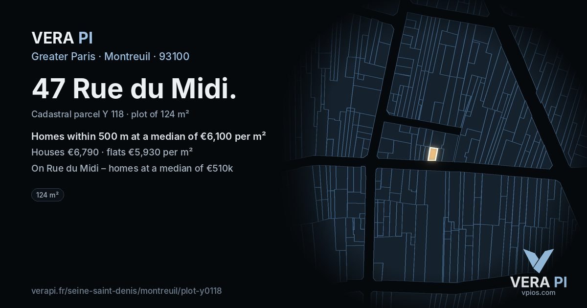 47 Rue du Midi, Montreuil at night – the plot lit, the parcels around coloured by the prices near them