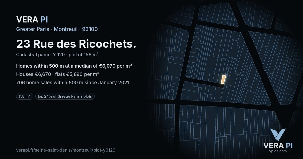 23 Rue des Ricochets, Montreuil at night – the plot lit, the parcels around coloured by the prices near them