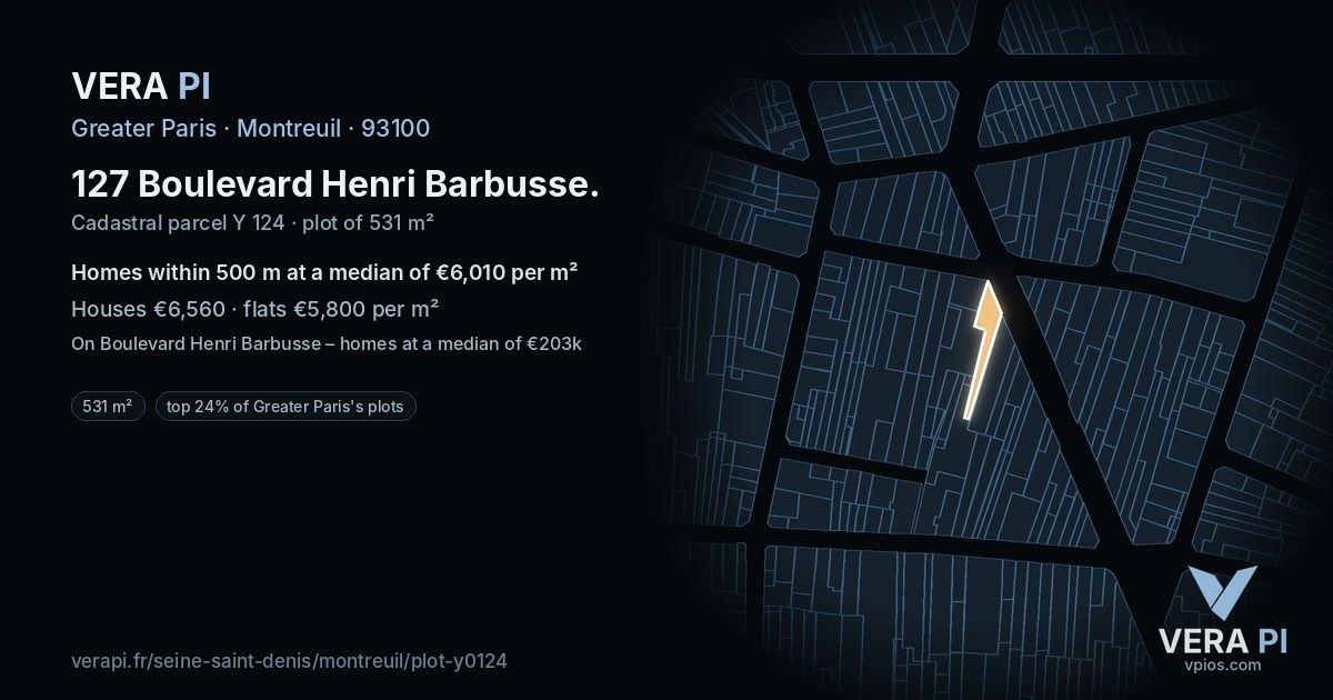 127 Boulevard Henri Barbusse, Montreuil at night – the plot lit, the parcels around coloured by the prices near them