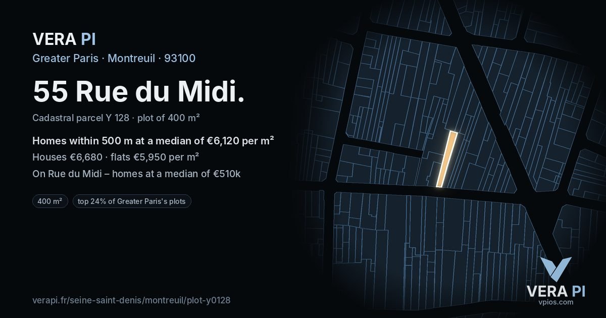 55 Rue du Midi, Montreuil at night – the plot lit, the parcels around coloured by the prices near them